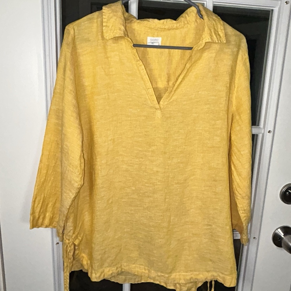 Sigrid Olsen‎ Mustard Yellow 100% Linen V-Neck Tunic Top L  Drawstring Resort